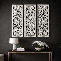 Leva 3pc Wood Wall Decor Set, Moroccan Floral Carving, Antique White Finish, 36 Inch Square - UPT-339545