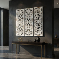 Leva 3pc Wood Wall Decor Set, Moroccan Floral Carving, Antique White Finish, 36 Inch Square - UPT-339545