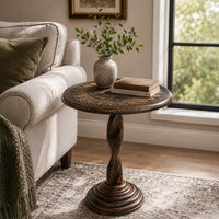Jem 22 Inch Side End Table, Round Top, Hand Carved Boho Mandala Design with Twisted Base, Brown Mango Wood - UPT-339546