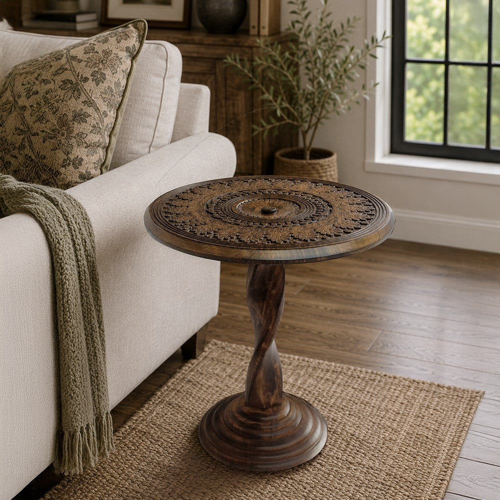Jem 22 Inch Side End Table, Round Top, Hand Carved Boho Mandala Design with Twisted Base, Brown Mango Wood - UPT-339546
