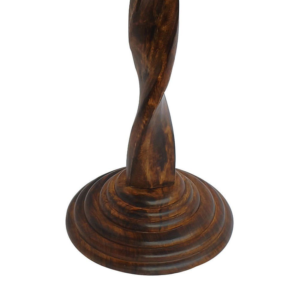 Jem 22 Inch Side End Table, Round Top, Hand Carved Boho Mandala Design with Twisted Base, Brown Mango Wood - UPT-339546