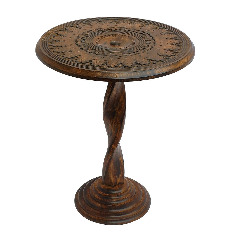Jem 22 Inch Side End Table, Round Top, Hand Carved Boho Mandala Design with Twisted Base, Brown Mango Wood - UPT-339546