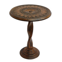 Jem 22 Inch Side End Table, Round Top, Hand Carved Boho Mandala Design with Twisted Base, Brown Mango Wood - UPT-339546