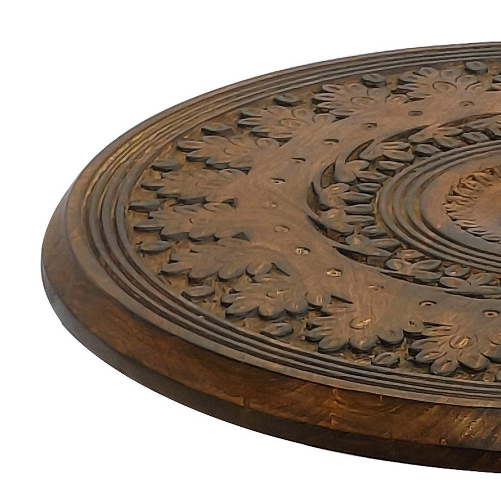 Jem 22 Inch Side End Table, Round Top, Hand Carved Boho Mandala Design with Twisted Base, Brown Mango Wood - UPT-339546