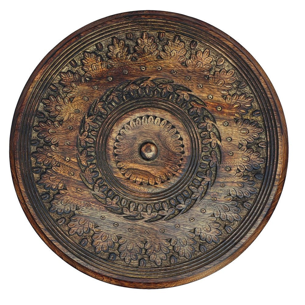 Jem 22 Inch Side End Table, Round Top, Hand Carved Boho Mandala Design with Twisted Base, Brown Mango Wood - UPT-339546