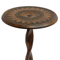Jem 22 Inch Side End Table, Round Top, Hand Carved Boho Mandala Design with Twisted Base, Brown Mango Wood - UPT-339546