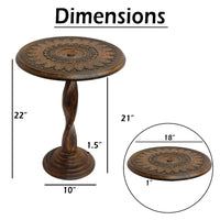 Jem 22 Inch Side End Table, Round Top, Hand Carved Boho Mandala Design with Twisted Base, Brown Mango Wood - UPT-339546