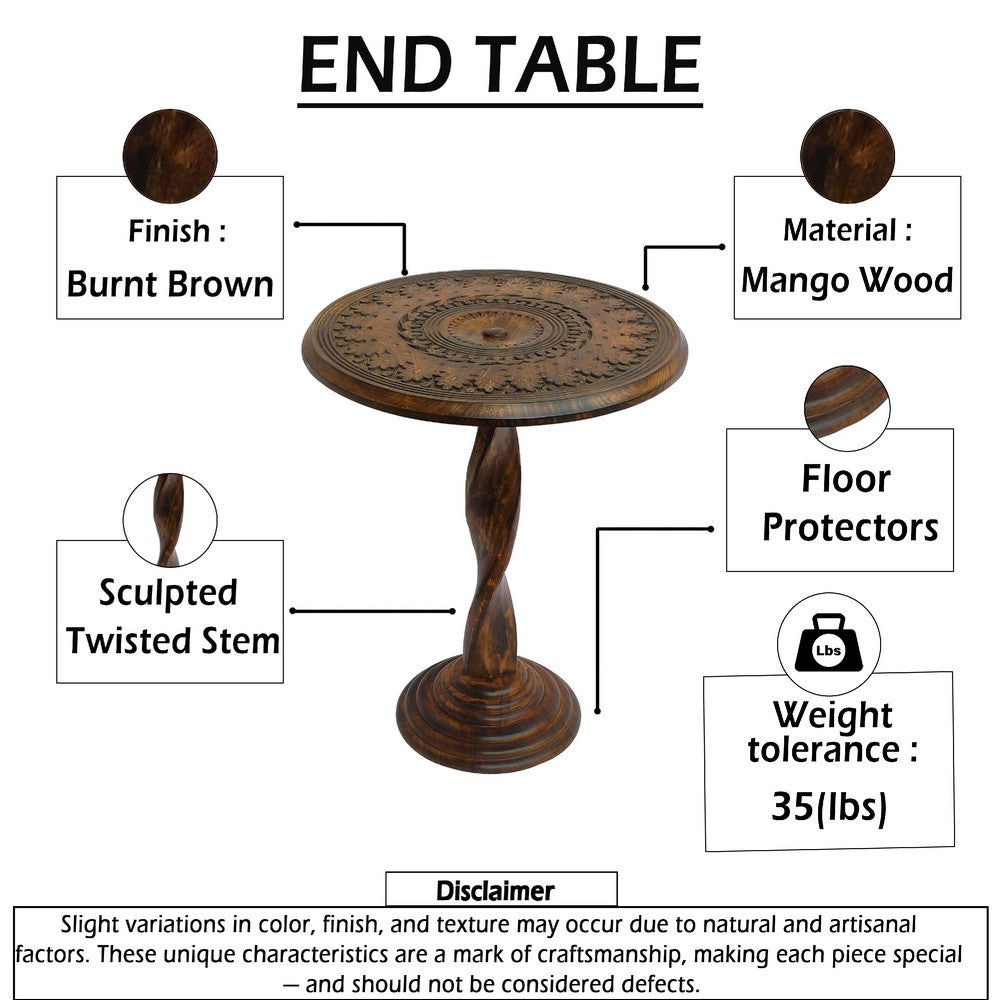 Jem 22 Inch Side End Table, Round Top, Hand Carved Boho Mandala Design with Twisted Base, Brown Mango Wood - UPT-339546