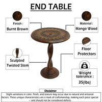 Jem 22 Inch Side End Table, Round Top, Hand Carved Boho Mandala Design with Twisted Base, Brown Mango Wood - UPT-339546