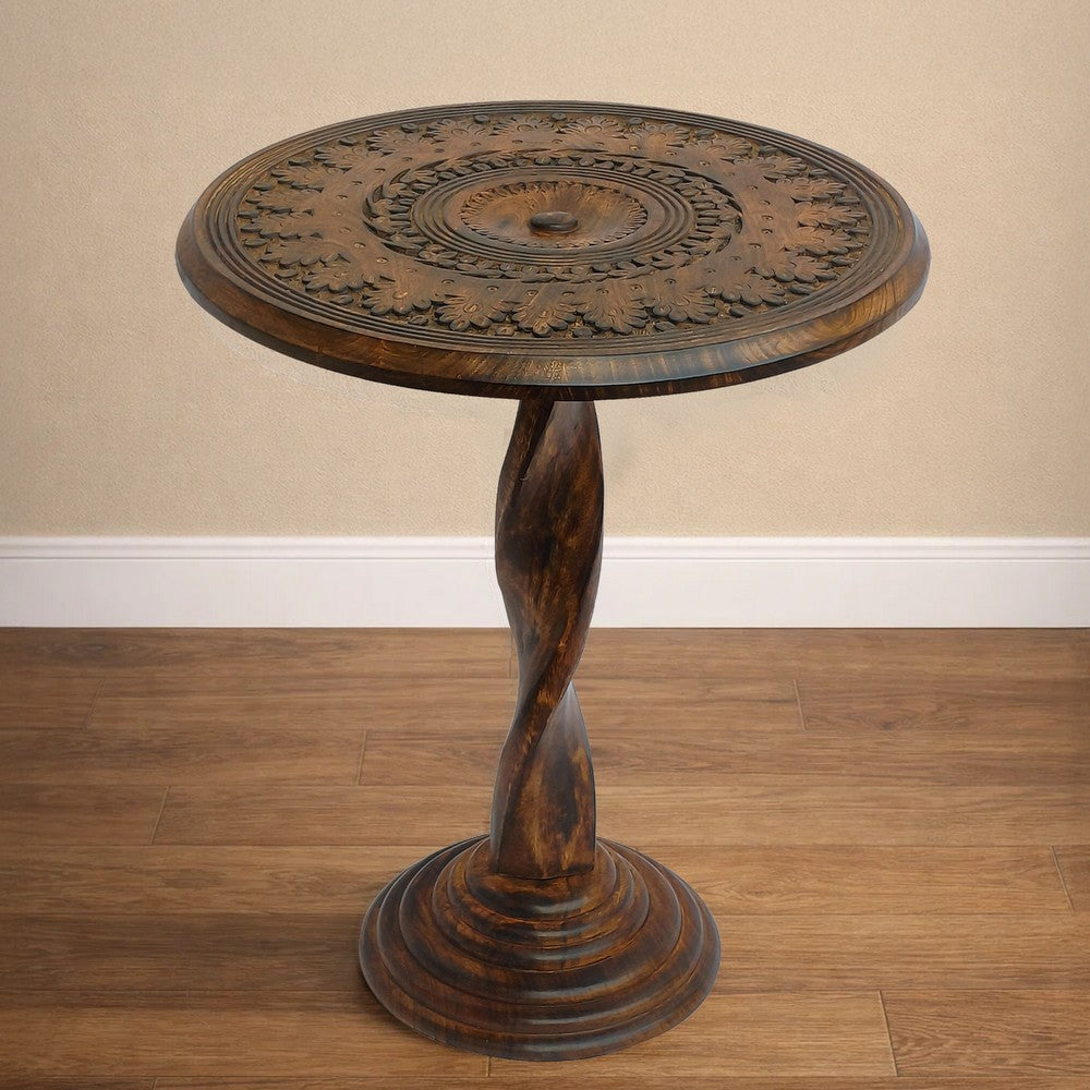 Jem 22 Inch Side End Table, Round Top, Hand Carved Boho Mandala Design with Twisted Base, Brown Mango Wood - UPT-339546