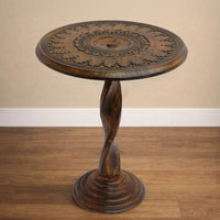 Jem 22 Inch Side End Table, Round Top, Hand Carved Boho Mandala Design with Twisted Base, Brown Mango Wood - UPT-339546