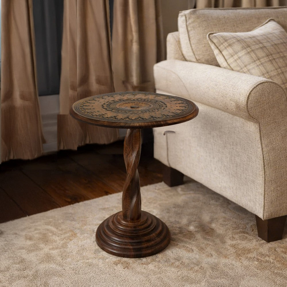 Jem 22 Inch Side End Table, Round Top, Hand Carved Boho Mandala Design with Twisted Base, Brown Mango Wood - UPT-339546