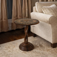 Jem 22 Inch Side End Table, Round Top, Hand Carved Boho Mandala Design with Twisted Base, Brown Mango Wood - UPT-339546