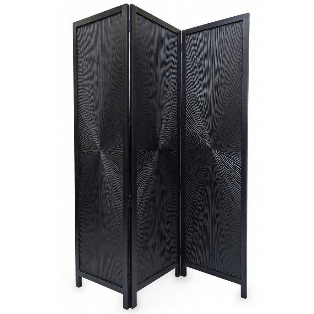 Cava 3 Panel Folding Room Divider Screen, Sunburst Design, Black Mango Wood, 60x72 Inch - UPT-339547