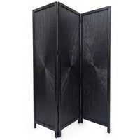Cava 3 Panel Folding Room Divider Screen, Sunburst Design, Black Mango Wood, 60x72 Inch - UPT-339547