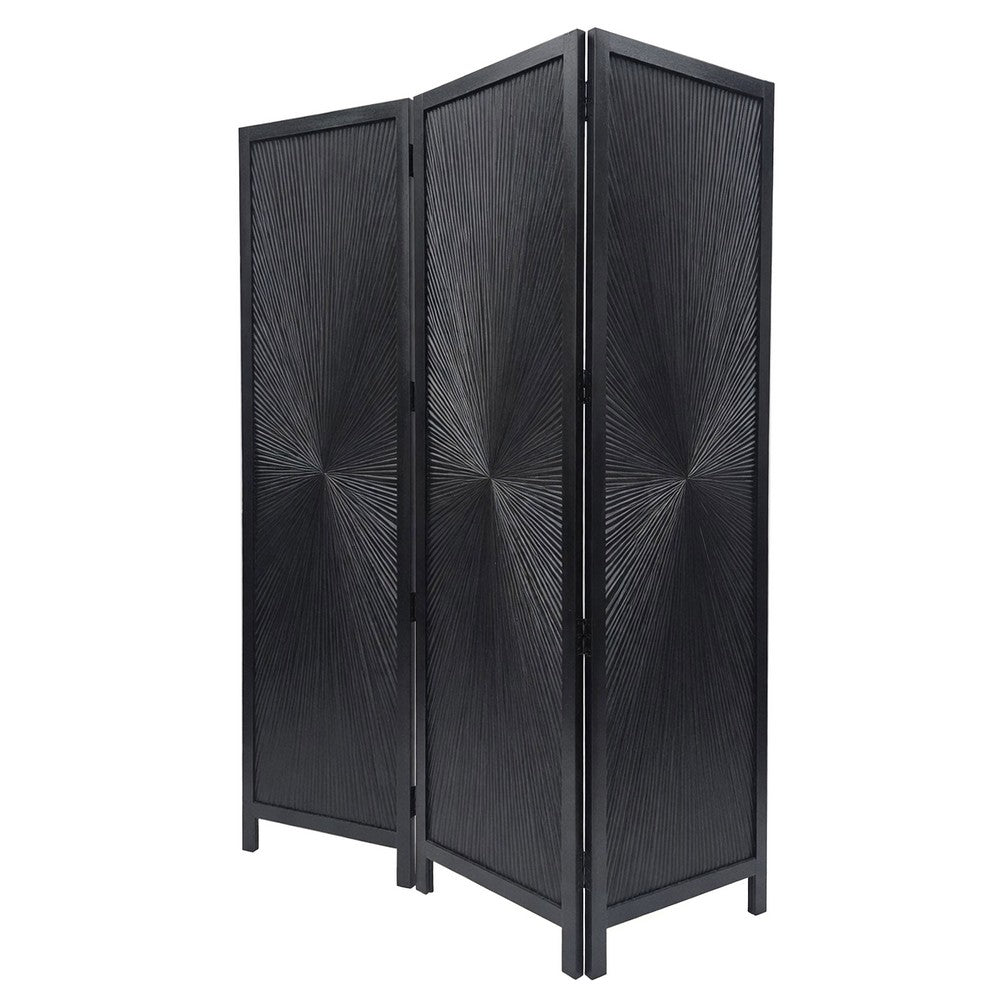 Cava 3 Panel Folding Room Divider Screen, Sunburst Design, Black Mango Wood, 60x72 Inch - UPT-339547