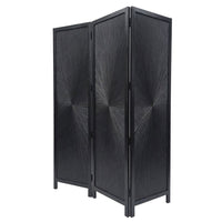Cava 3 Panel Folding Room Divider Screen, Sunburst Design, Black Mango Wood, 60x72 Inch - UPT-339547