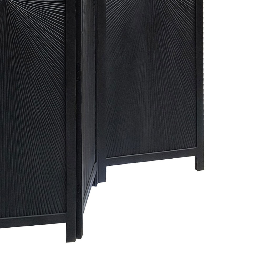 Cava 3 Panel Folding Room Divider Screen, Sunburst Design, Black Mango Wood, 60x72 Inch - UPT-339547