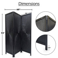 Cava 3 Panel Folding Room Divider Screen, Sunburst Design, Black Mango Wood, 60x72 Inch - UPT-339547