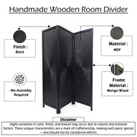 Cava 3 Panel Folding Room Divider Screen, Sunburst Design, Black Mango Wood, 60x72 Inch - UPT-339547