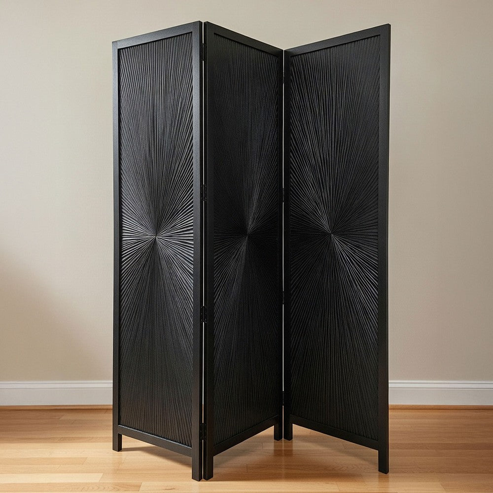 Cava 3 Panel Folding Room Divider Screen, Sunburst Design, Black Mango Wood, 60x72 Inch - UPT-339547