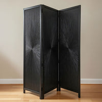 Cava 3 Panel Folding Room Divider Screen, Sunburst Design, Black Mango Wood, 60x72 Inch - UPT-339547