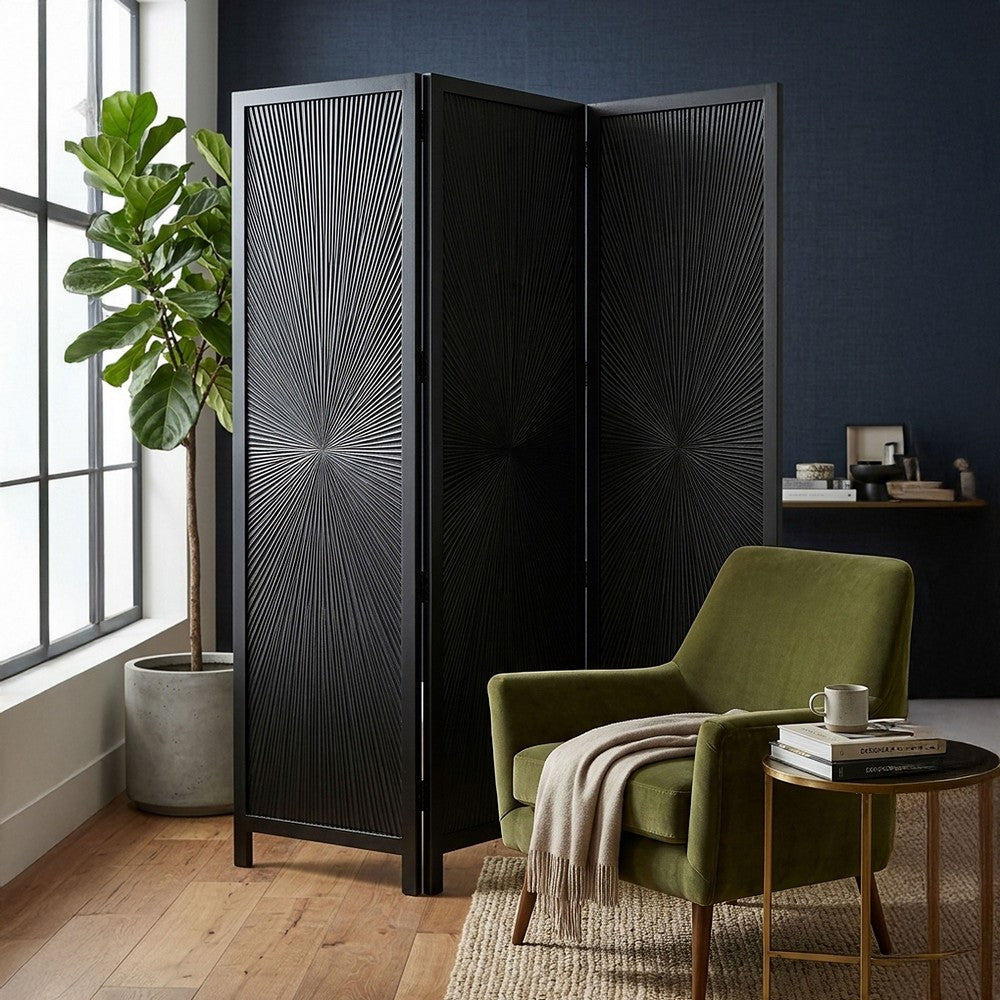 Cava 3 Panel Folding Room Divider Screen, Sunburst Design, Black Mango Wood, 60x72 Inch - UPT-339547