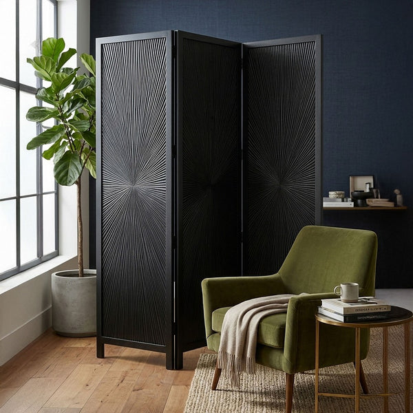 Cava 3 Panel Folding Room Divider Screen, Sunburst Design, Black Mango Wood, 60x72 Inch - UPT-339547