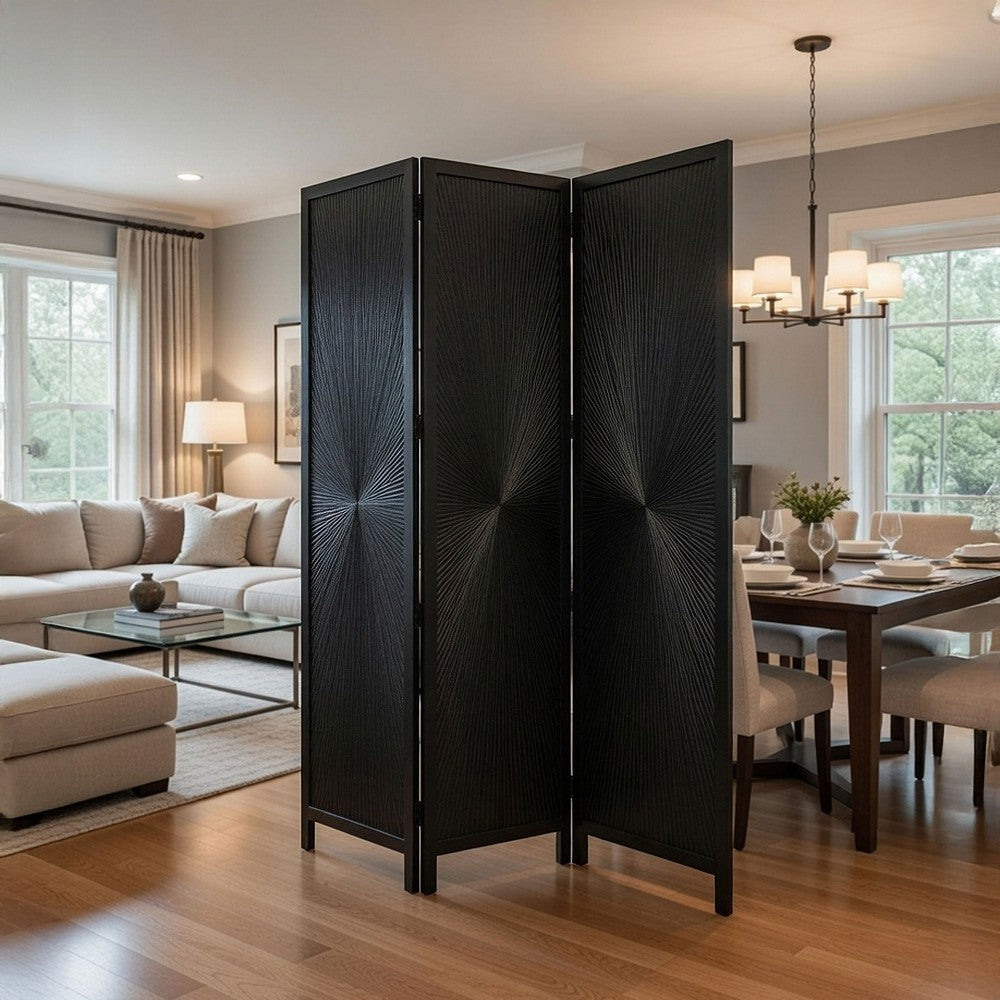 Cava 3 Panel Folding Room Divider Screen, Sunburst Design, Black Mango Wood, 60x72 Inch - UPT-339547