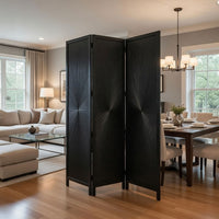 Cava 3 Panel Folding Room Divider Screen, Sunburst Design, Black Mango Wood, 60x72 Inch - UPT-339547