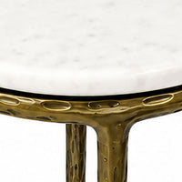 Minza Accent Side End Table, Modern White Marble Round Top, Hand Forged, Hammered Antique Brass Finish, 24 Inch - UPT-345032