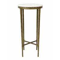 Minza Accent Side End Table, Modern White Marble Round Top, Hand Forged, Hammered Antique Brass Finish, 24 Inch - UPT-345032