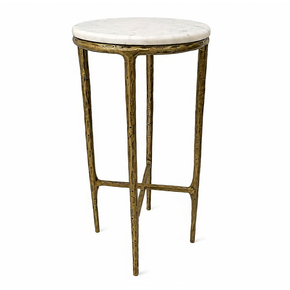Minza Accent Side End Table, Modern White Marble Round Top, Hand Forged, Hammered Antique Brass Finish, 24 Inch - UPT-345032