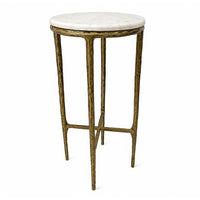 Minza Accent Side End Table, Modern White Marble Round Top, Hand Forged, Hammered Antique Brass Finish, 24 Inch - UPT-345032