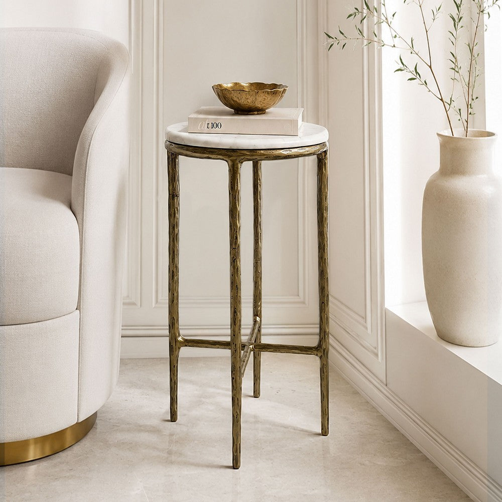 Minza Accent Side End Table, Modern White Marble Round Top, Hand Forged, Hammered Antique Brass Finish, 24 Inch - UPT-345032