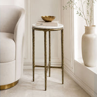 Minza Accent Side End Table, Modern White Marble Round Top, Hand Forged, Hammered Antique Brass Finish, 24 Inch - UPT-345032