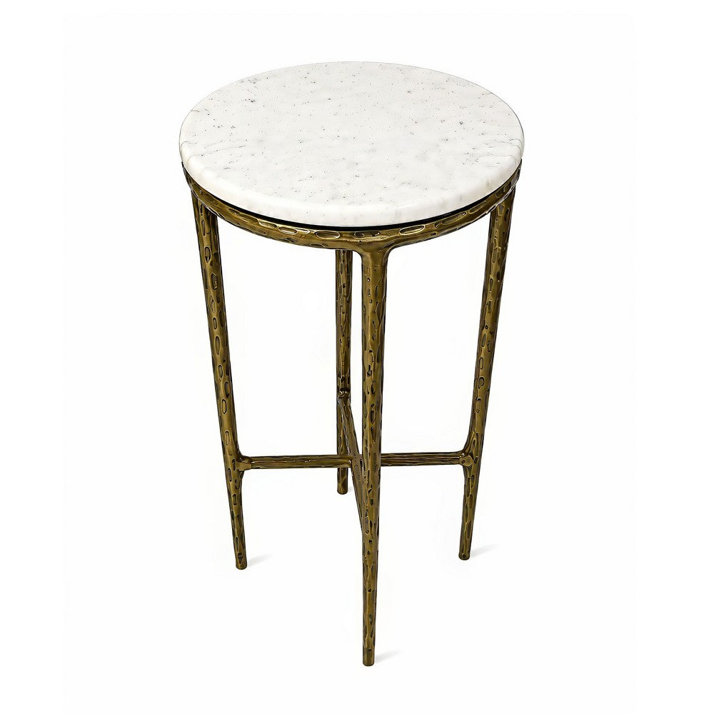 Minza Accent Side End Table, Modern White Marble Round Top, Hand Forged, Hammered Antique Brass Finish, 24 Inch - UPT-345032