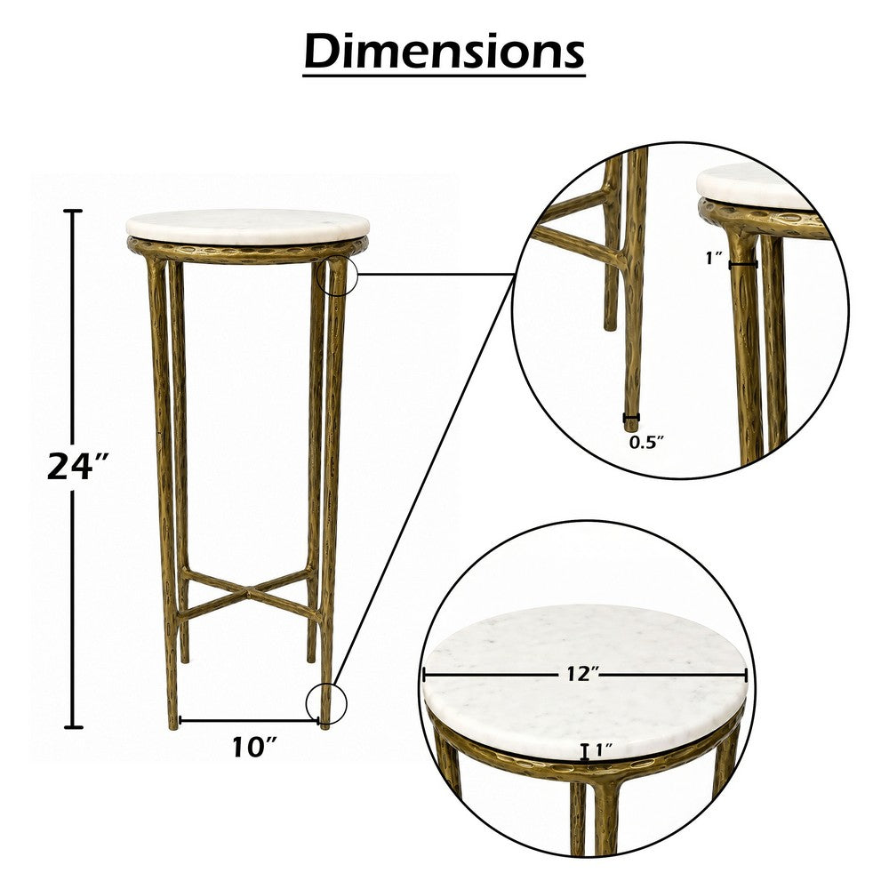 Minza Accent Side End Table, Modern White Marble Round Top, Hand Forged, Hammered Antique Brass Finish, 24 Inch - UPT-345032