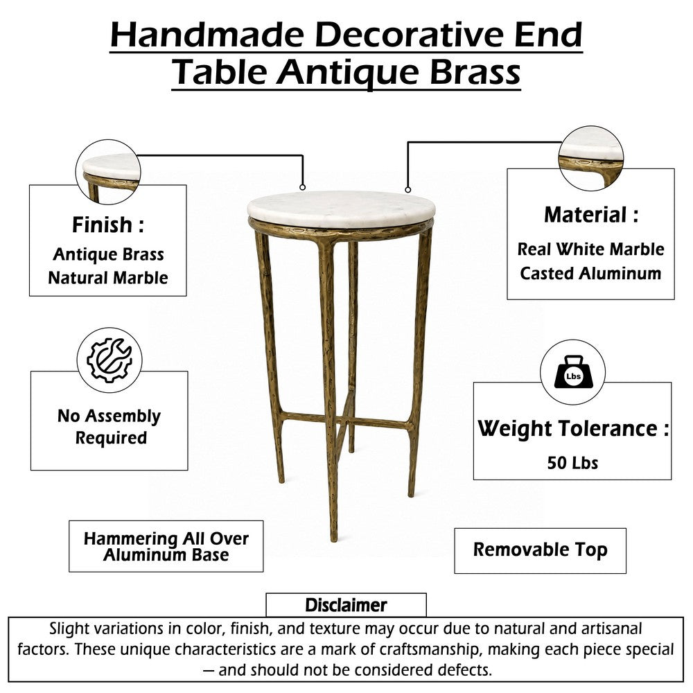 Minza Accent Side End Table, Modern White Marble Round Top, Hand Forged, Hammered Antique Brass Finish, 24 Inch - UPT-345032