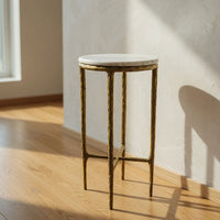 Minza Accent Side End Table, Modern White Marble Round Top, Hand Forged, Hammered Antique Brass Finish, 24 Inch - UPT-345032
