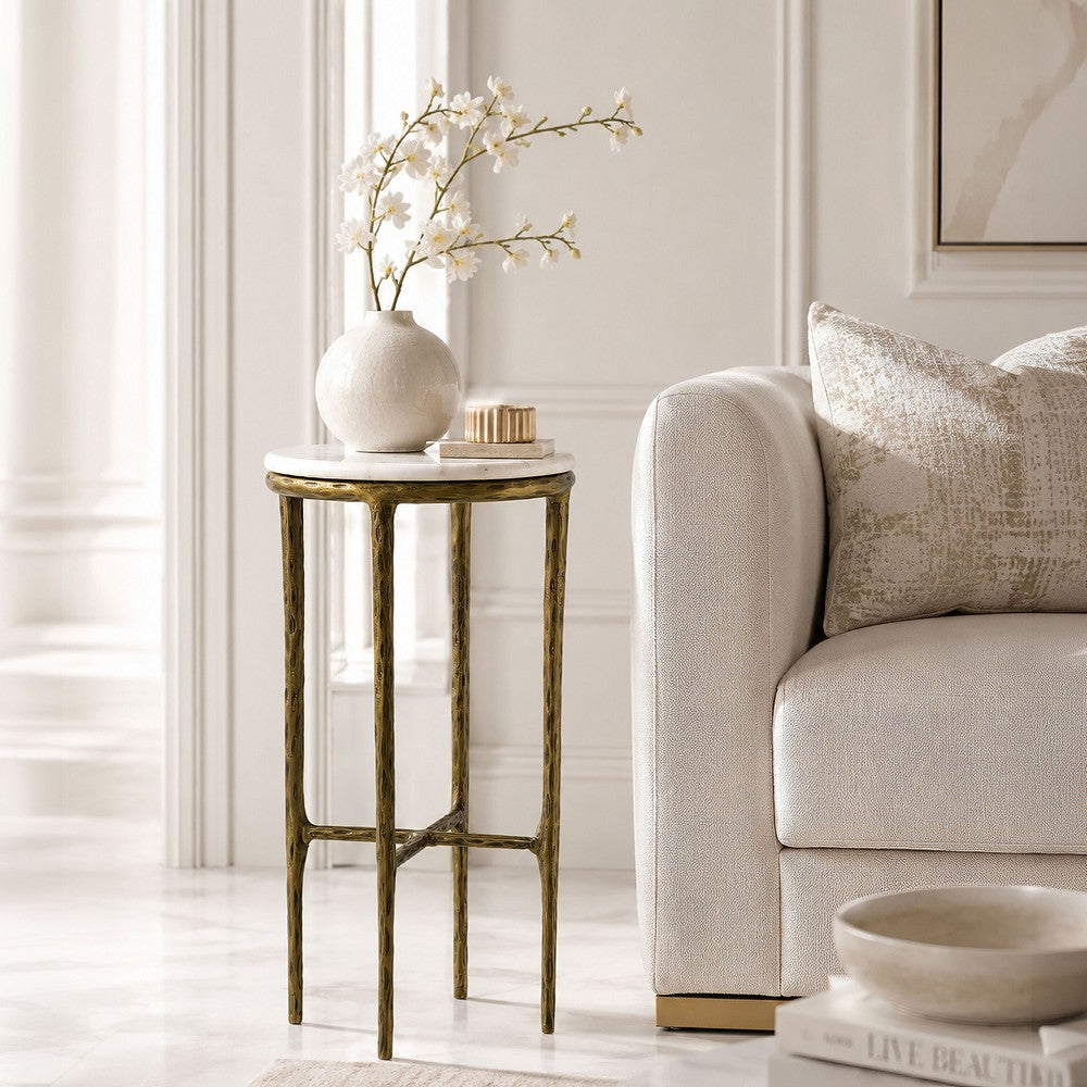 Minza Accent Side End Table, Modern White Marble Round Top, Hand Forged, Hammered Antique Brass Finish, 24 Inch - UPT-345032