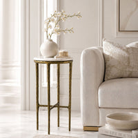 Minza Accent Side End Table, Modern White Marble Round Top, Hand Forged, Hammered Antique Brass Finish, 24 Inch - UPT-345032