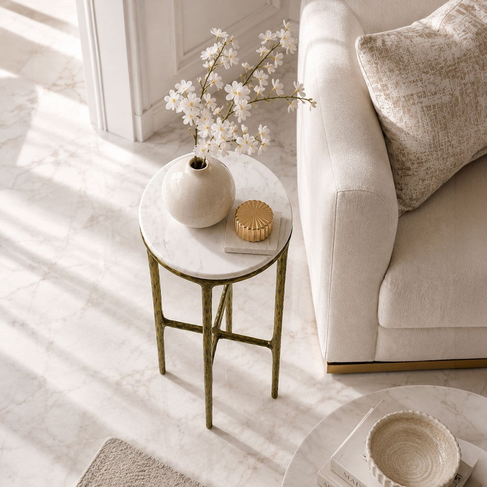 Minza Accent Side End Table, Modern White Marble Round Top, Hand Forged, Hammered Antique Brass Finish, 24 Inch - UPT-345032