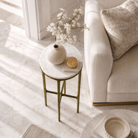Minza Accent Side End Table, Modern White Marble Round Top, Hand Forged, Hammered Antique Brass Finish, 24 Inch - UPT-345032