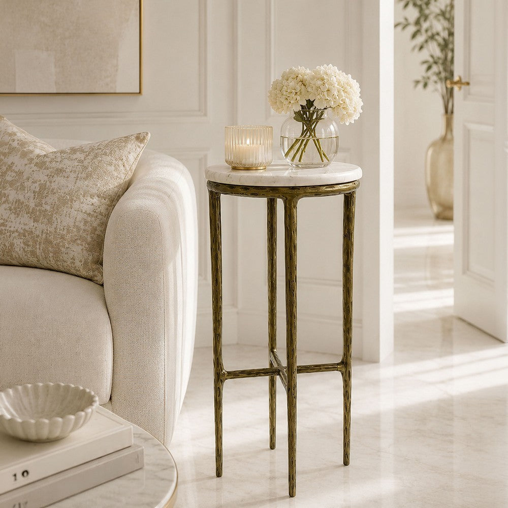 Minza Accent Side End Table, Modern White Marble Round Top, Hand Forged, Hammered Antique Brass Finish, 24 Inch - UPT-345032