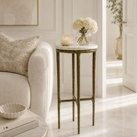 Minza Accent Side End Table, Modern White Marble Round Top, Hand Forged, Hammered Antique Brass Finish, 24 Inch - UPT-345032