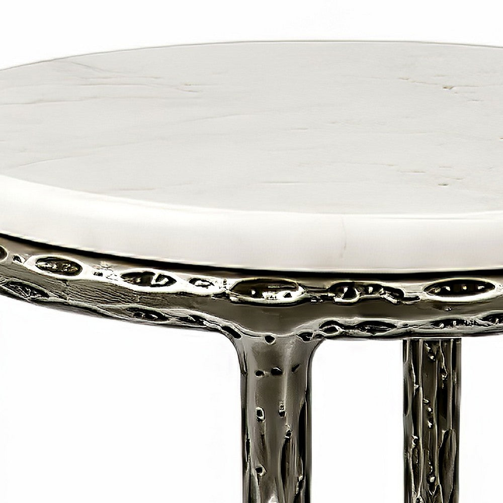 Minza Accent Side End Table, Modern White Marble Round Top, Hand Forged, Hammered Antique Nickel Finish, 24 Inch - UPT-345033