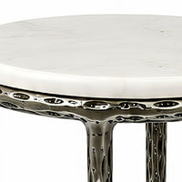 Minza Accent Side End Table, Modern White Marble Round Top, Hand Forged, Hammered Antique Nickel Finish, 24 Inch - UPT-345033