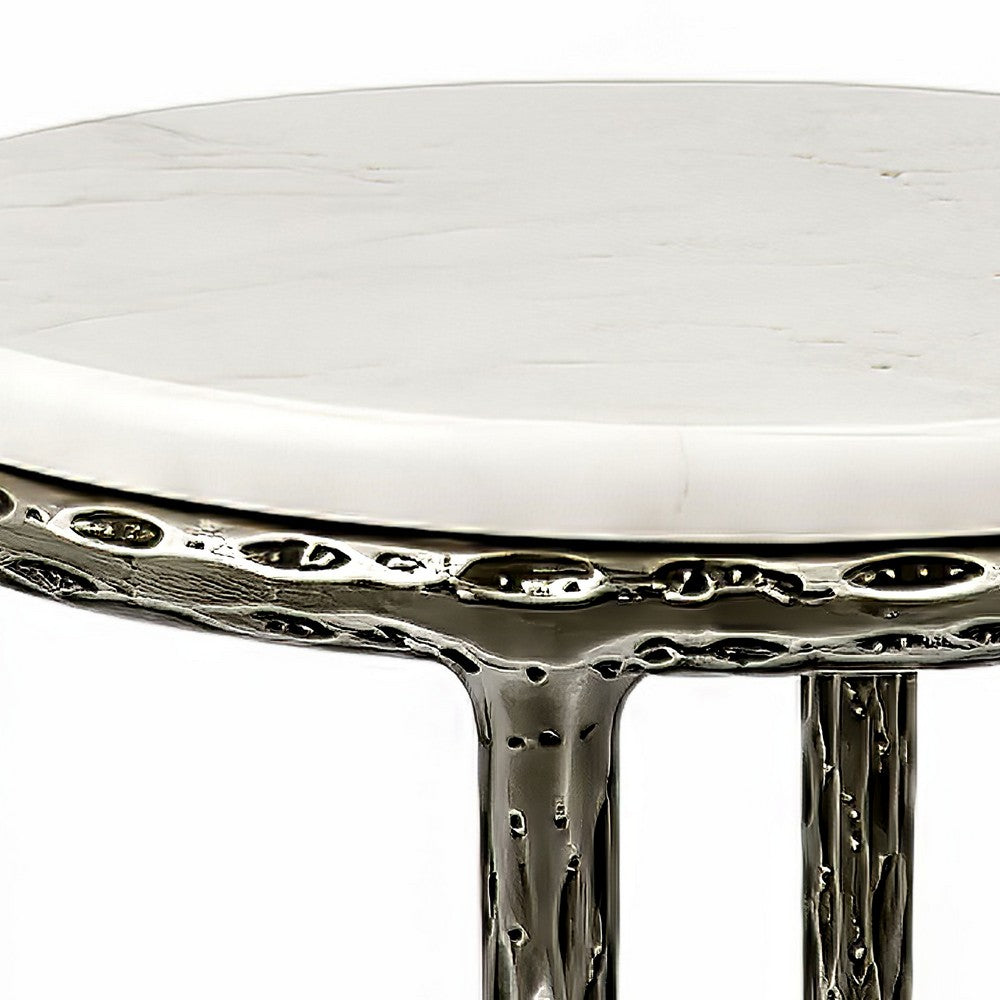 Minza Accent Side End Table, Modern White Marble Round Top, Hand Forged, Hammered Antique Nickel Finish, 24 Inch - UPT-345033