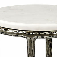 Minza Accent Side End Table, Modern White Marble Round Top, Hand Forged, Hammered Antique Nickel Finish, 24 Inch - UPT-345033